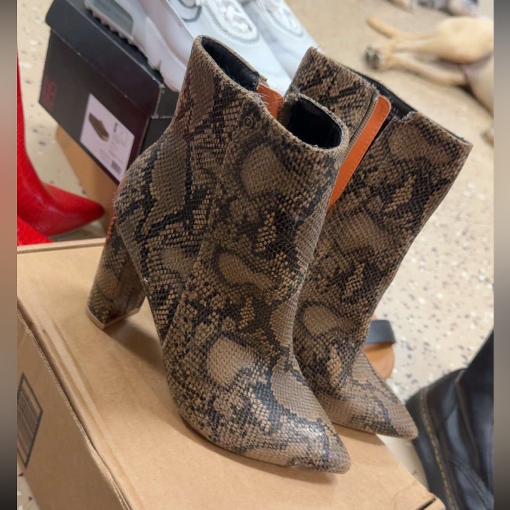 French Connection Snake Pattern Heeled Boots - Tan